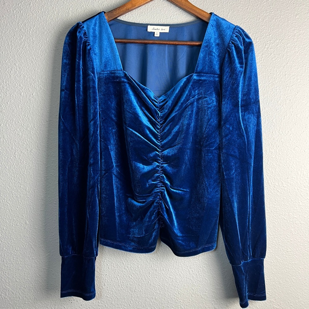 Another Love Grecia Sweetheart‎ Front Ultamarine Velvet Top Ruched Long Sleeve S